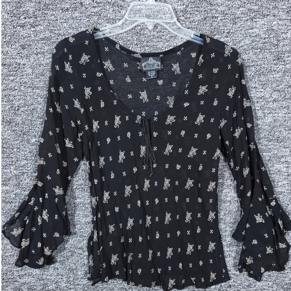 Y2k Angie Floral Sheer Tie Front Ruffle Bell Sleeve Blouse Black Small Boho